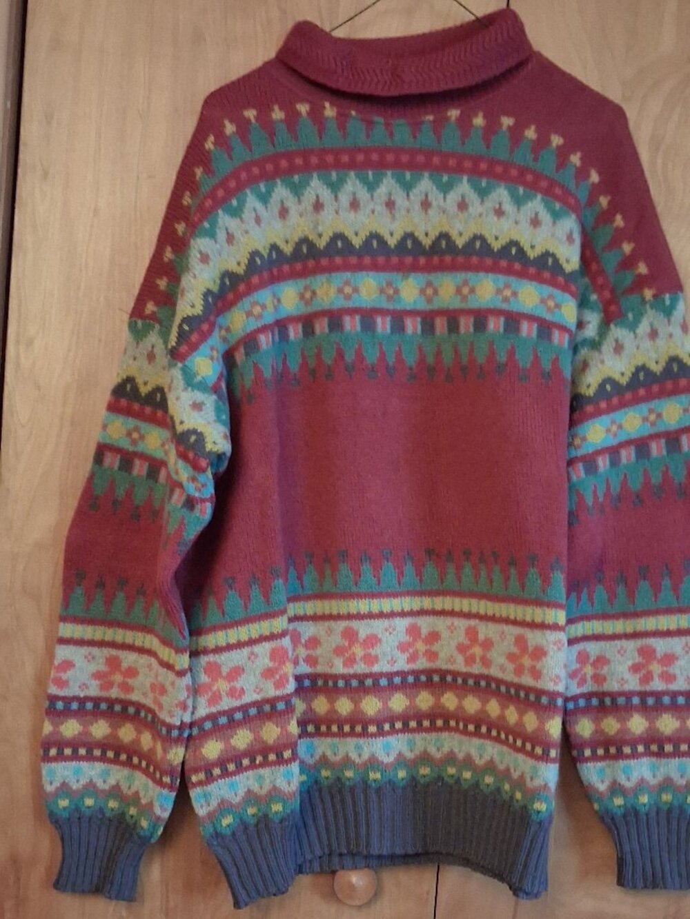 Vintage Benetton Sweater Womens Red Fair Isle LG Shetland Wool